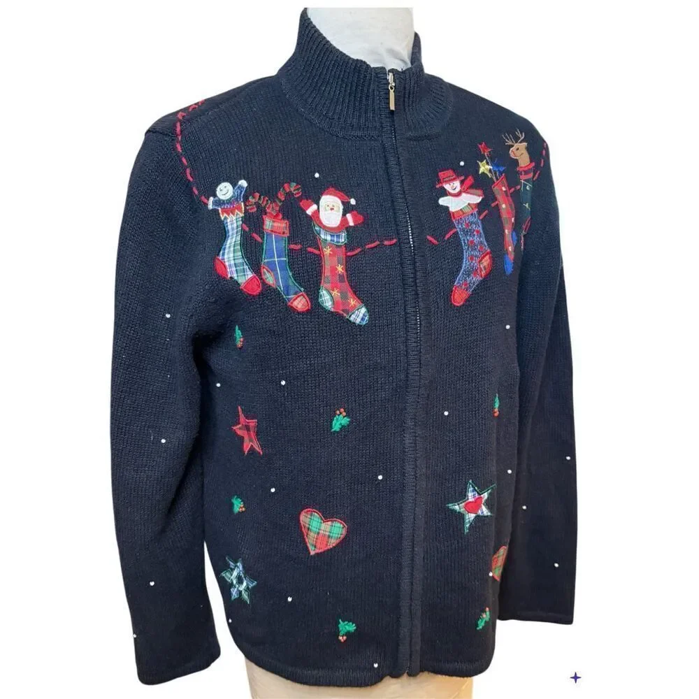 Pappagallo Christmas Cardigan Sz. M Full Zip High Collar Ugly Christmas Sweater